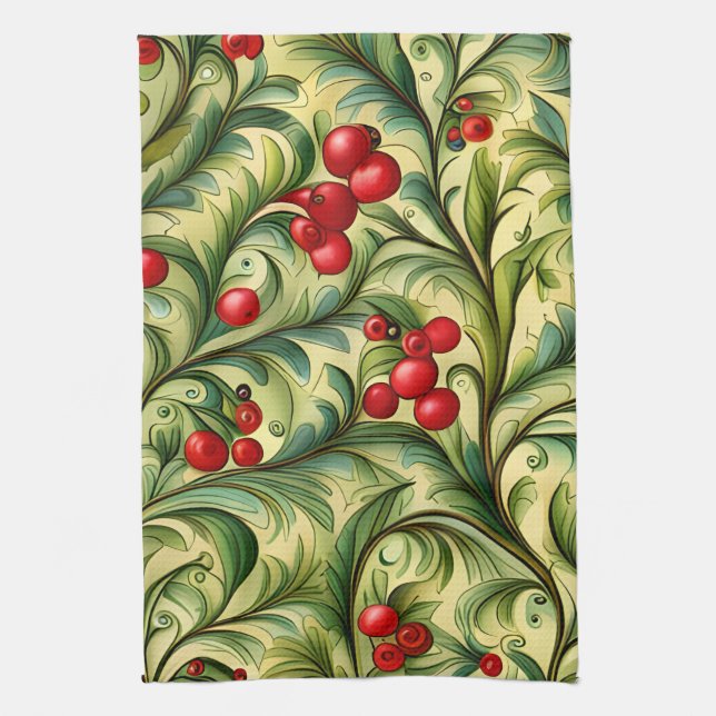 Weihnachtsblumenmuster mit roten Beeren Geschirrtuch (Vertikal)