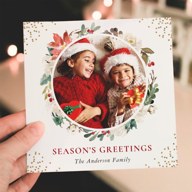 Weihnachtsblumenschmuck Gold Glitzer 2 Foto Feiertagskarte (Sample (Front))