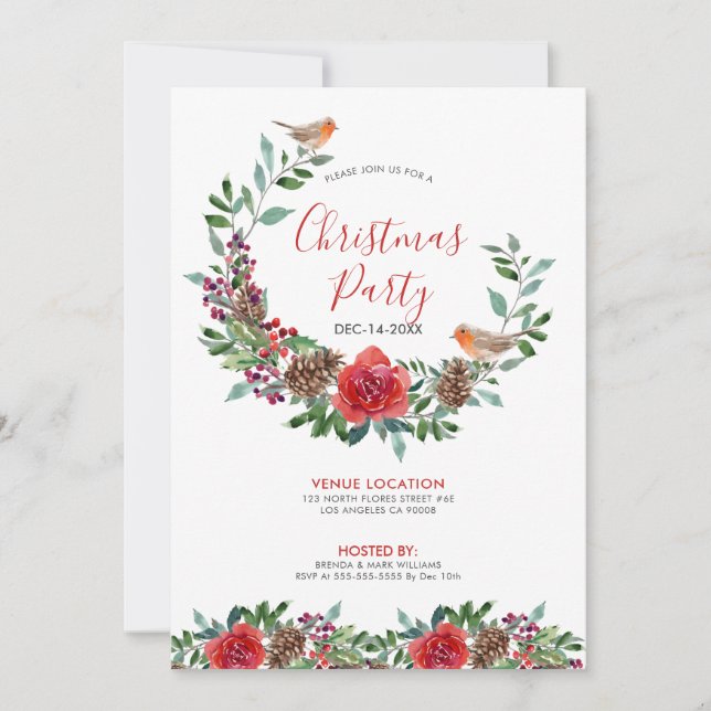 Weihnachtsblüten & rote Rosen Bouquet & Roter Robi Einladung (Vorderseite)