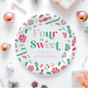 Weihnachtsbonbon Vier ist süß zum 4. Geburtstag Pappteller