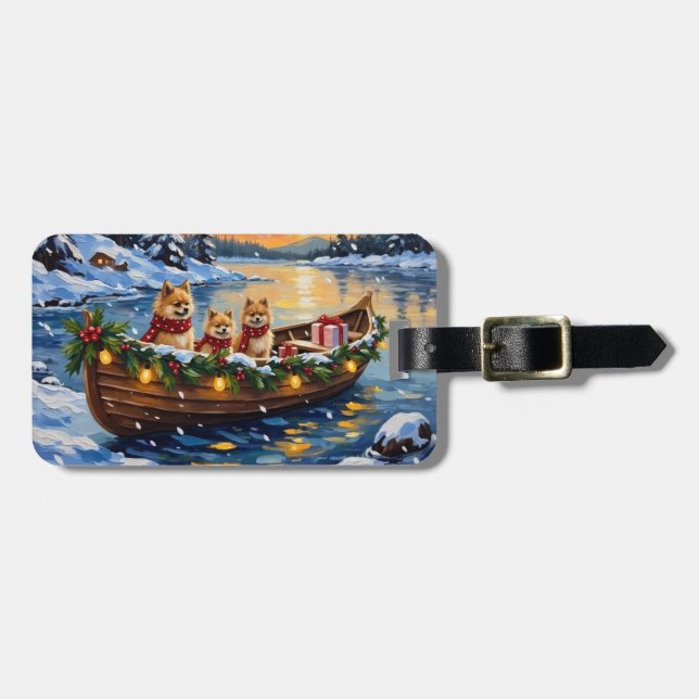 Weihnachtsboot-Feiertage mit Pomeranian Gepäckanhänger (Vorderseite horizontal)
