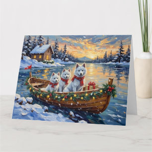 Weihnachtsboot mit weißen Samojeden - Winterurlaub Karte