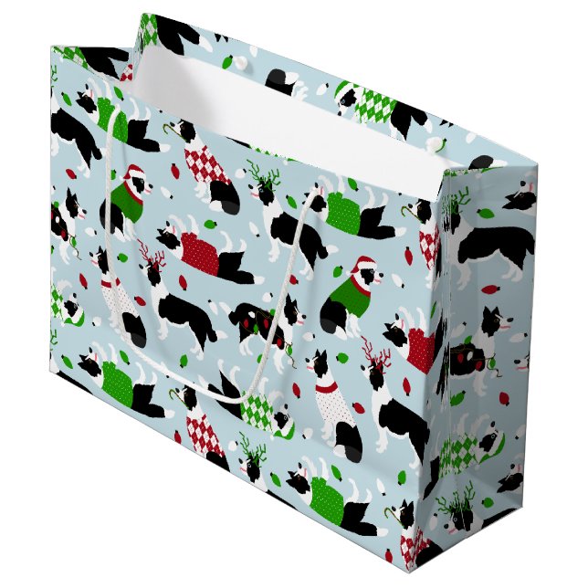 Weihnachtsborder Collie Große Geschenktasche Geschenktüte (Vorderseite Schrägansicht)