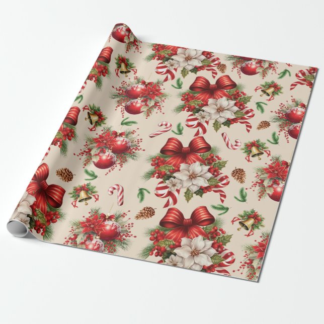 Weihnachtsbows Bells Blume Candy Cane Geschenkpapier (Ungerollt)