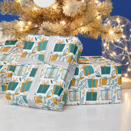 Weihnachtsboxen und Geschenke grün und gelb Geschenkpapier