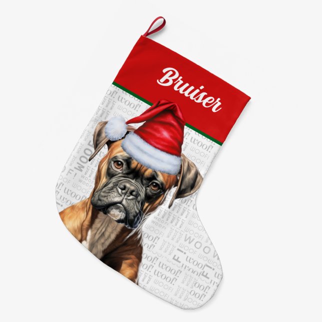 Weihnachtsboxer Hund mit Name Woof Background Großer Weihnachtsstrumpf (Vorderansicht (hängend))