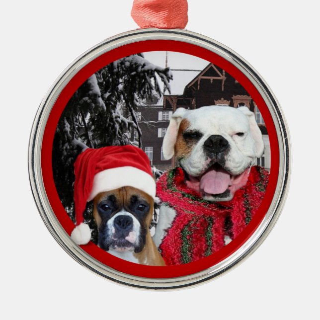 Weihnachtsboxer verfolgt erstklassige runde silbernes ornament (Vorne)
