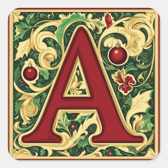 Weihnachtsbrief A: Rot und Grün mit Goldakzent Quadratischer Aufkleber (Vorderseite)