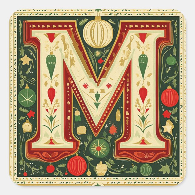 Weihnachtsbrief M: Emerald Green & Gold Elegance Quadratischer Aufkleber (Vorderseite)