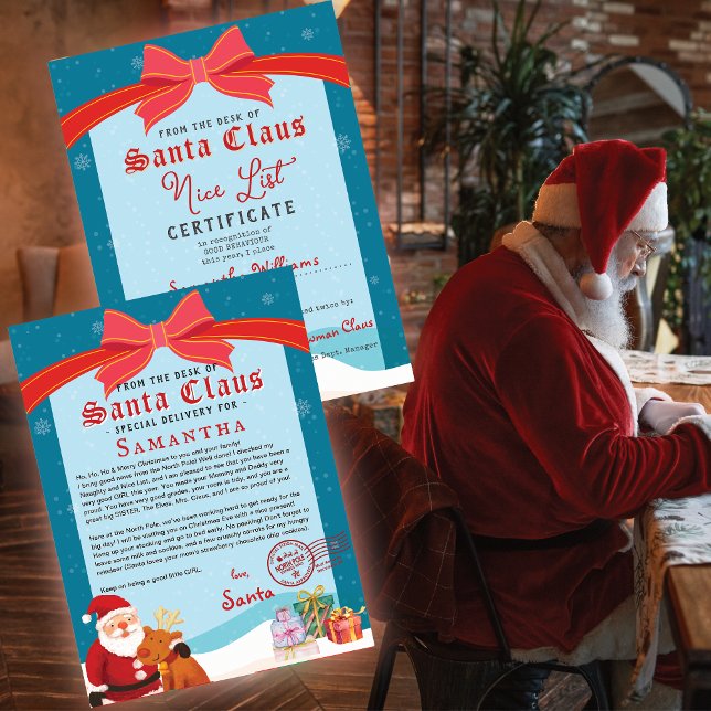 Weihnachtsbrief von Santa Nice List Urkunde (Nice List Certificate Signed and Sealed by Santa Coquette Red Bow Christmas Letter from Santa)