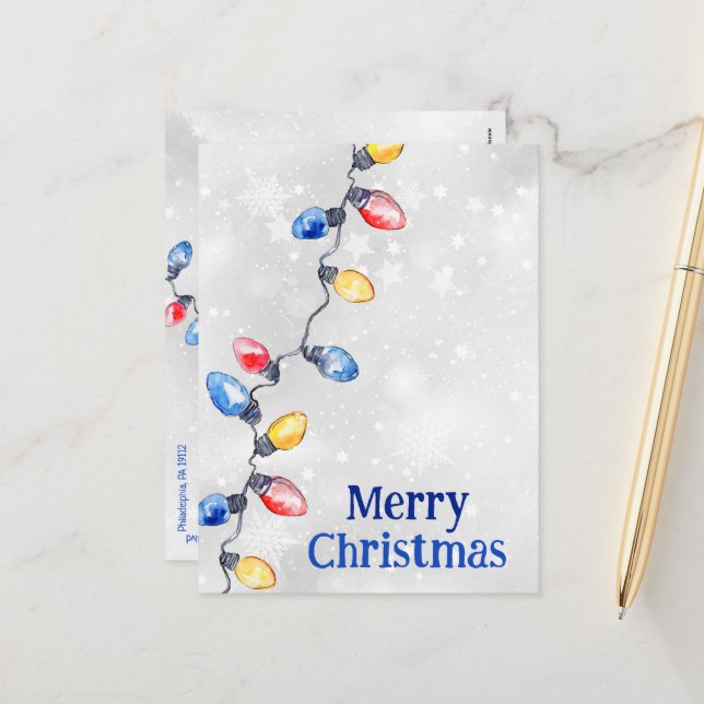 Weihnachtsbrillen, String Lights, Holiday Postcard Feiertagspostkarte (Vorderseite/Rückseite Beispiel)