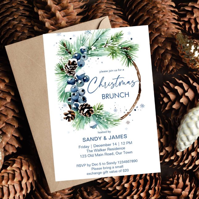 Weihnachtsbrunch-Kiefernvorlage Einladung (Christmas brunch editable  template invitation digital download watercolor pine wreath pine cones )
