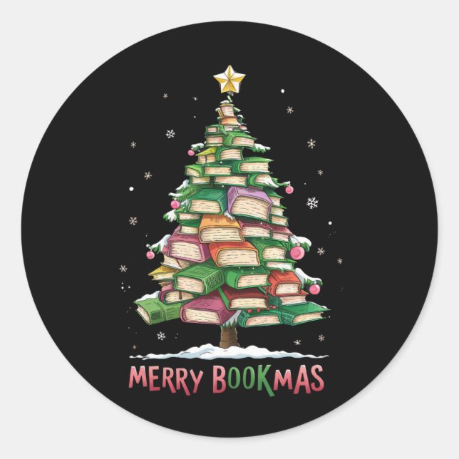 Weihnachtsbuch "Lover Tree Librarian Merry Bookmas Runder Aufkleber (Vorderseite)