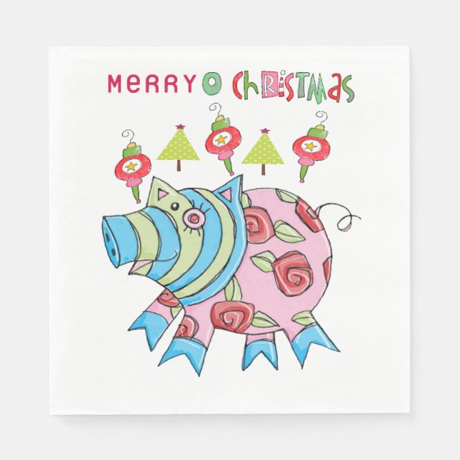 Weihnachtsbuch Napkins, Frohe Weihnachts-Rosa Pig Serviette (Vorderseite)