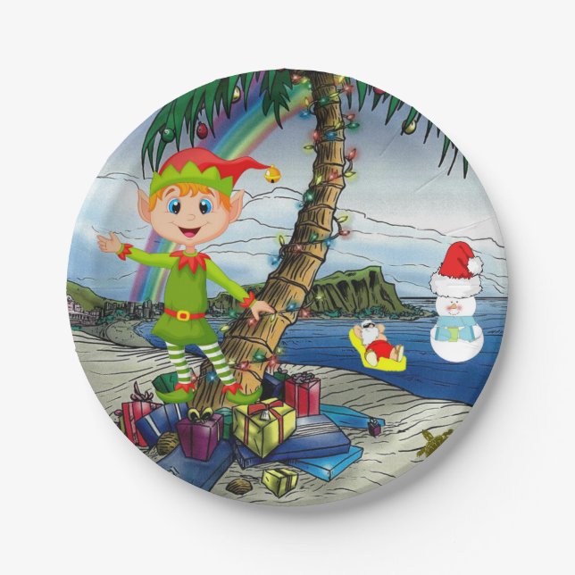 Weihnachtsbuch-Teller, Beach Bum Santa Pappteller (Vorderseite)