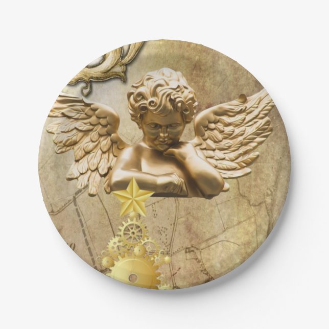 Weihnachtsbuch-Teller, Frohe Weihnachts-Gold-Engel Pappteller (Vorderseite)