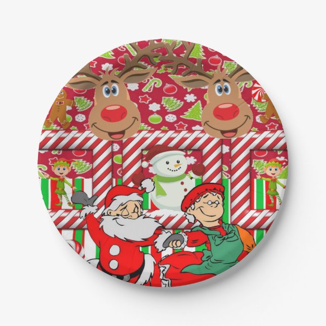 Weihnachtsbuch-Teller, Merry Reindeer Santa Elf Pappteller (Vorderseite)