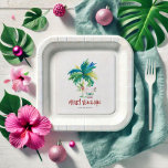 Weihnachtsbuch-Teller Niedlich Tropical Beach Pappteller<br><div class="desc">Diese viereckigen Weihnachtsabend-Teller sind mit einer hübschen Palme und Santa am Strand ausgestattet. Die Worte "Merry Beach-mas" erscheinen in handgeschriebener Typografie. Verwenden Sie die Vorlagenfelder, um Ihren benutzerdefinierten Text hinzuzufügen. Bestellen Sie kleine Mengen oder Teller in loser Schüttung. Eine festliche Wahl für ein Weihnachtsfest am Strand oder für Ihr Weihnachtsfest...</div>
