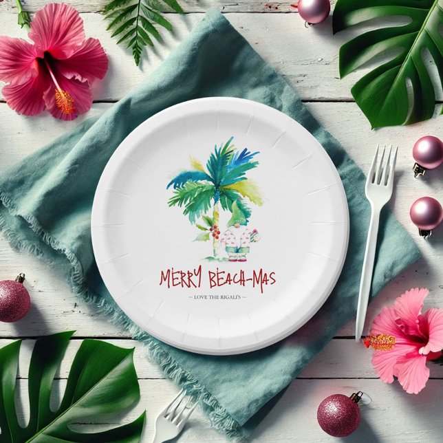 Weihnachtsbuch-Teller Niedlich Tropical Beach Pappteller (Tropical Christmas paper plates beach-mas watercolor art by Victoria Grigaliunas Do Tell A Belle)