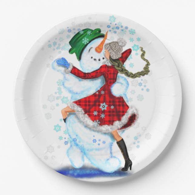 Weihnachtsbuch-Teller Snowman und Girl Dance Pappteller (Vorderseite)