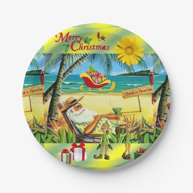 Weihnachtsbuch-Teller, Summer Beach Bum Santa Pappteller (Vorderseite)