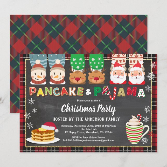 Weihnachtsbücher und Schlafanzug Party kariert Einladung (Vorne/Hinten)