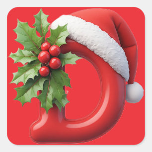 Weihnachtsbuchstabe D verziert mit Santa-Hut Quadratischer Aufkleber