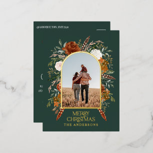 Weihnachtsbudget botanisch elegant grün rost folien feiertagspostkarte
