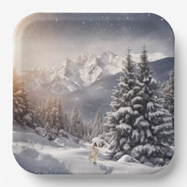 Weihnachtsbunny in Schneeflocken Pappteller (Vorderseite)