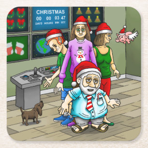 Weihnachtsbüro mit dem Weihnachtsmann Rechteckiger Pappuntersetzer