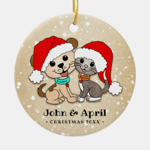 WeihnachtsCartoon-Katzen-Hund Keramik Ornament