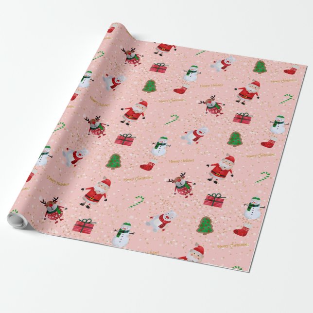 Weihnachtscharakter auf Rosa und GoldGlitzer Geschenkpapier (Ungerollt)