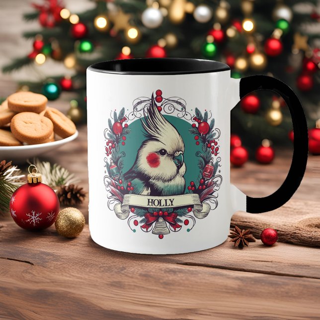 Weihnachtscockatiel Vintag Illustration Bird Name Tasse (Personalized Christmas Cockatiel coffee mug with pet bird's name and festive wreath in vintage style)
