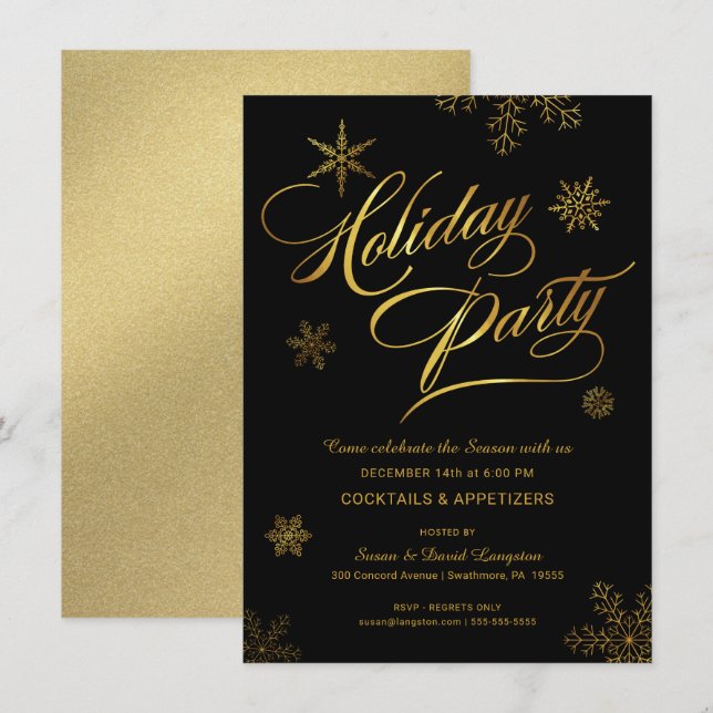 Weihnachtscocktail Party Black & Gold Einladung (Vorne/Hinten)