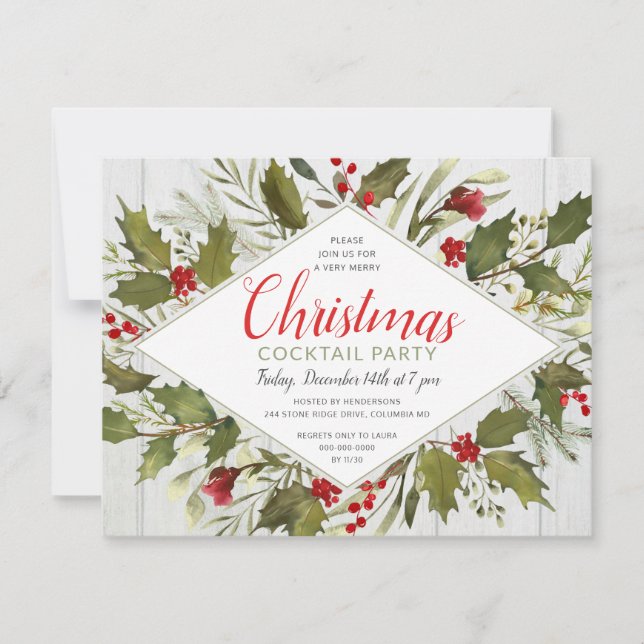 Weihnachtscocktail Party Wasserfarbe Vintag Holly Einladung (Vorderseite)
