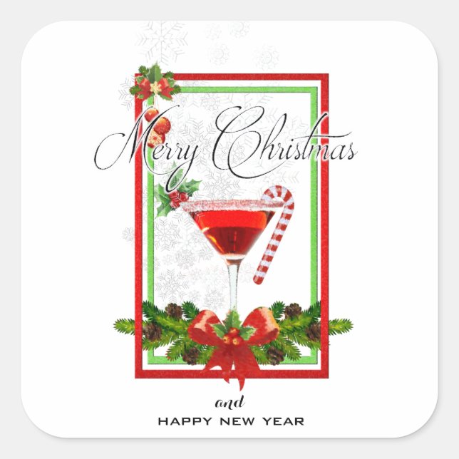 Weihnachtscocktail Watercolor Art Quadratischer Aufkleber (Vorderseite)