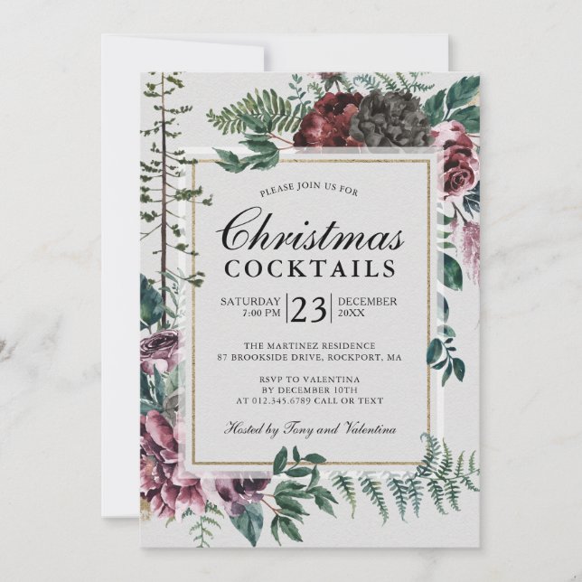 Weihnachtscocktails Rustikales Burgund Rote Flora Einladung (Vorderseite)