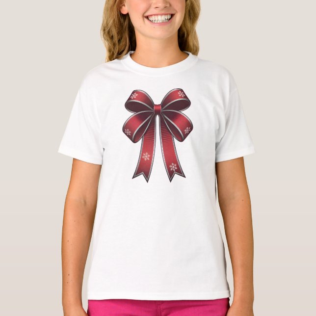 Weihnachtscoquette Roter Bow & Schneeflocken T-Shirt (Vorderseite)