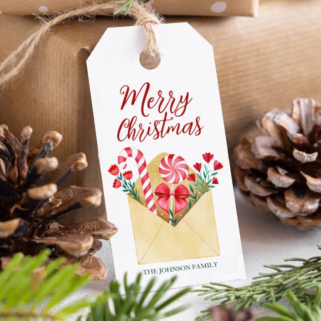 Weihnachtscreme Candy Cane und Florals Geschenkanhänger (Watercolor Christmas Candy and Florals + Envelope Gift Tags)