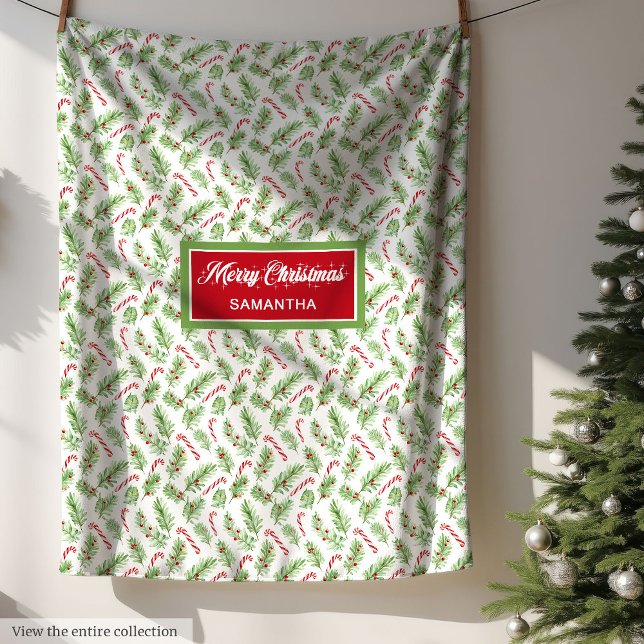 Weihnachtscreme personalisiert fleecedecke (Watercolor Christmas candy canes personalized Fleece Blanket )