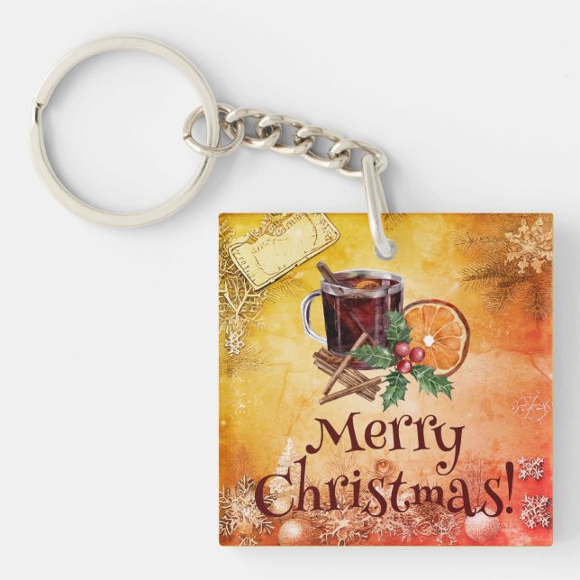 Weihnachtscup Orange Holly Berry Cinnamon Gruß Schlüsselanhänger (Vorderseite)