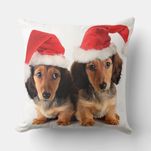 WeihnachtsDackel-Welpen, die Weihnachtsmannmützen Kissen (Vorderseite)