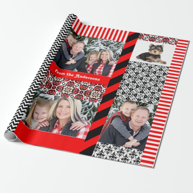 Weihnachtsdamast 5 große Familien-Fotos Geschenkpapier (Ungerollt)