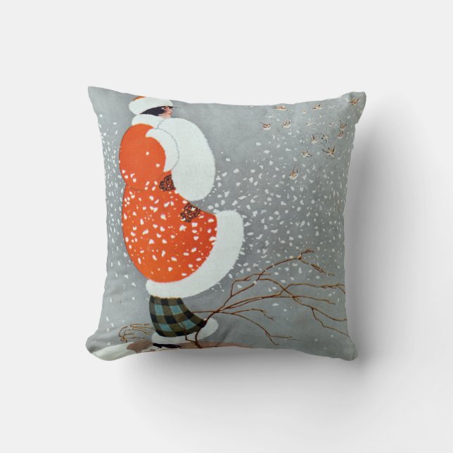 Weihnachtsdame im Schnee mit rotem Coat Kissen (Vorderseite)