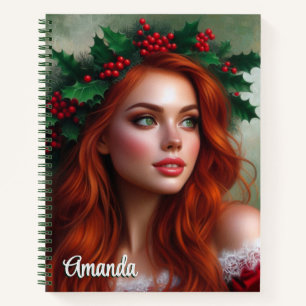 Weihnachtsdame mit Holly Blätter Spiral Notebook Notizbuch
