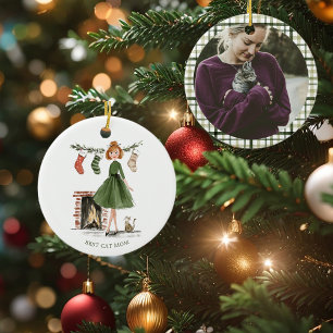 Weihnachtsdame mit Katze Personalisiertes Foto Keramik Ornament
