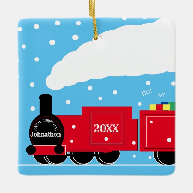 Weihnachtsdampf-Zug im Schnee Keramikornament (Vorderseite)