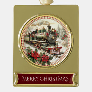 Weihnachtsdampflok im schneebedeckten Wald Banner-Ornament Gold