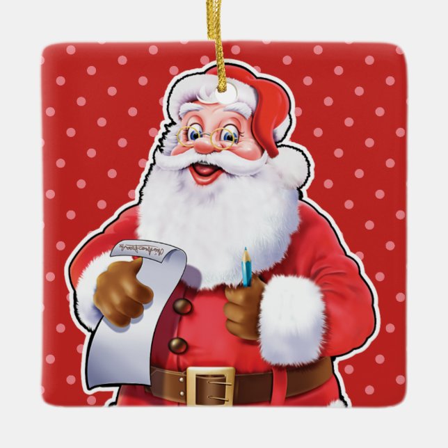 Weihnachtsdekoration Der Weihnachtsmann überprüft  Keramikornament (Vorderseite)