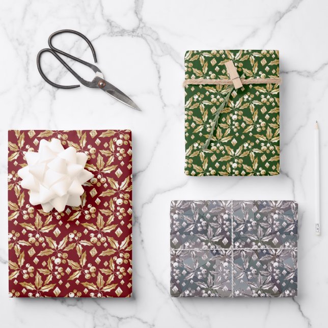 Weihnachtsdekoration, Gold, Silberzweige, Weihnach Geschenkpapier Set (Vorderseite)